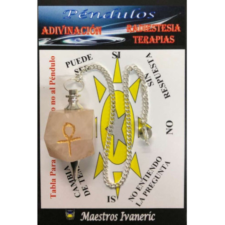 Péndulo Mineral Cuarzo Rosa con Llave Ankh