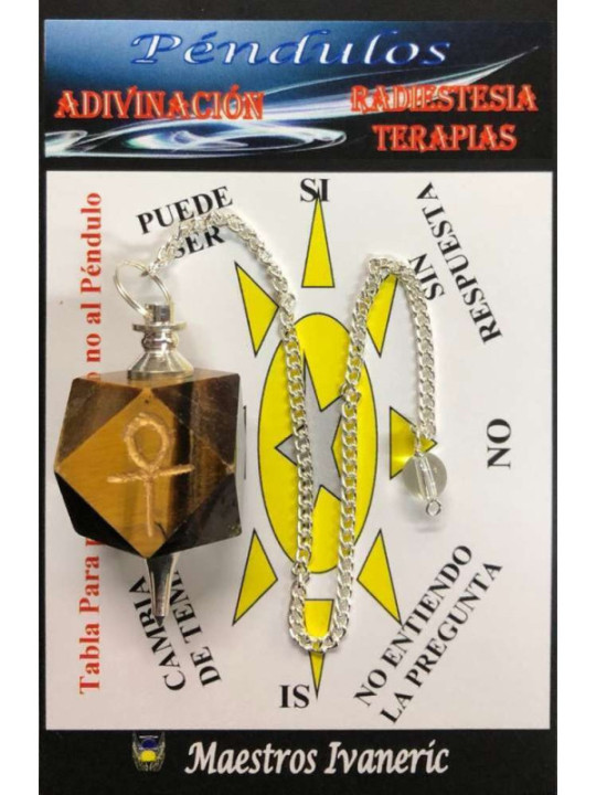 Péndulo Mineral Ojo Tigre con Llave Ankh