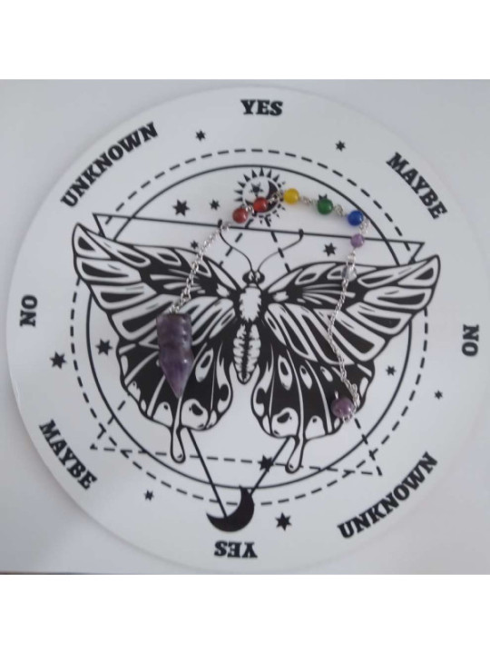 Péndulo Mineral +Tablero Blanco con Mariposa de Madera de 27.2cm aproximado de Diámetro