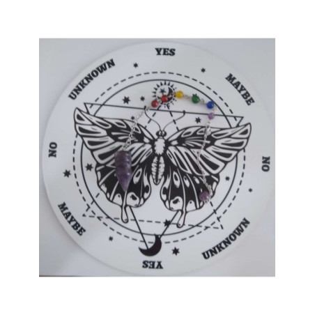 Péndulo Mineral +Tablero Blanco con Mariposa de Madera de 27.2cm aproximado de Diámetro