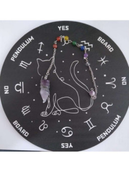 Péndulo Mineral +Tablero Negro con Gato de Madera de 27.2cm aproximado de Diámetro