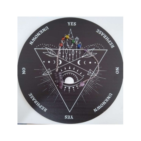 Péndulo Mineral +Tablero de Madera Negro con Signos de 27.2cm aproximado de Diámetro