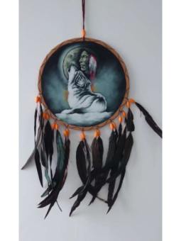 Atrapasueños Pintado a Mano Indio con Lobo, 26x54 aprox.