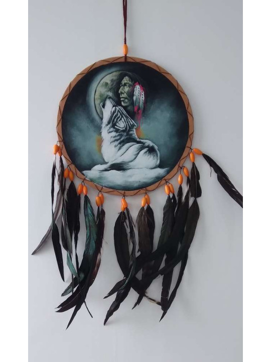 Atrapasueños Pintado a Mano Indio con Lobo, 26x54 aprox.