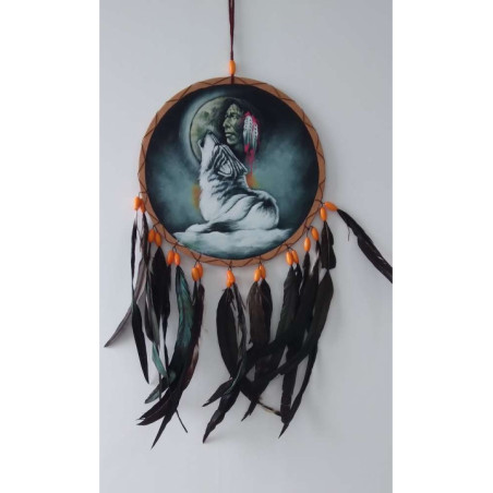 Atrapasueños Pintado a Mano Indio con Lobo, 26x54 aprox.