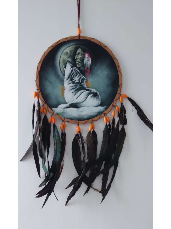 Atrapasueños Pintado a Mano Indio con Lobo, 26x54 aprox.