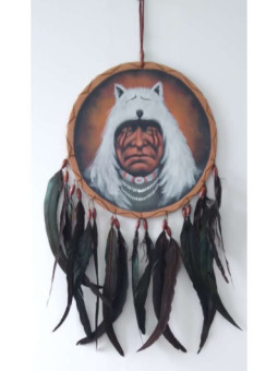 Atrapasueños Pintado a Mano Indio con Cabeza de Lobo Blanco . 26x54 aprox