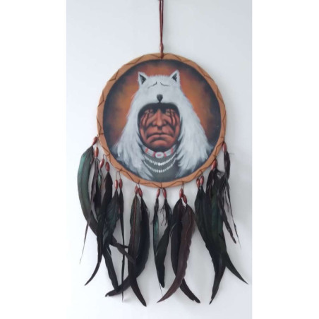Atrapasueños Pintado a Mano Indio con Cabeza de Lobo Blanco . 26x54 aprox