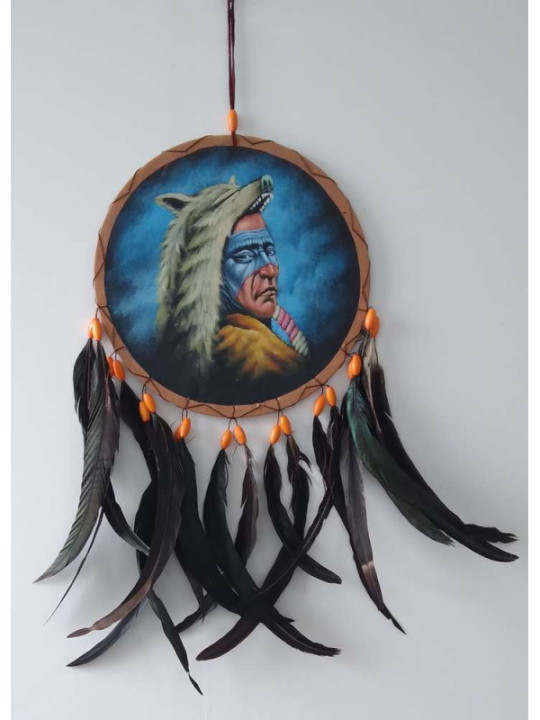 Atrapasueños Pintado a Mano Indio Mascara Azul . 26x54 aprox.