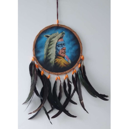 Atrapasueños Pintado a Mano Indio Mascara Azul . 26x54 aprox.