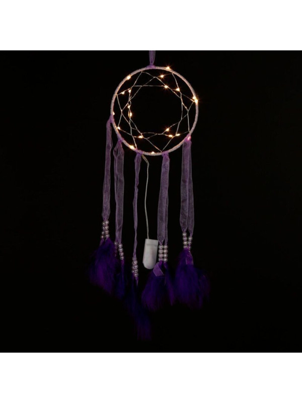 Atrapasueños Morado con Tiras de Tela con Luz Led. Diámetro 15 cm