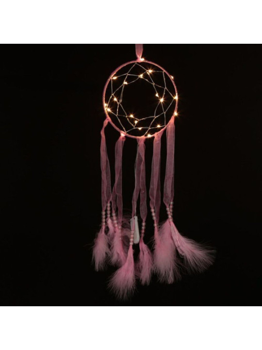 Atrapasueños Rosa con Tiras de Tela con Luz Led. Diámetro 15 cm