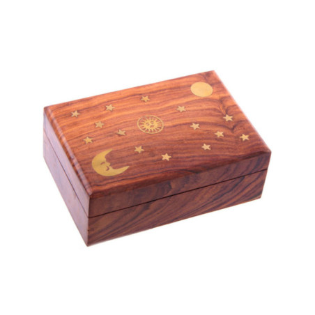 Caja de Madera Natural  Estrellas, Sol y Luna