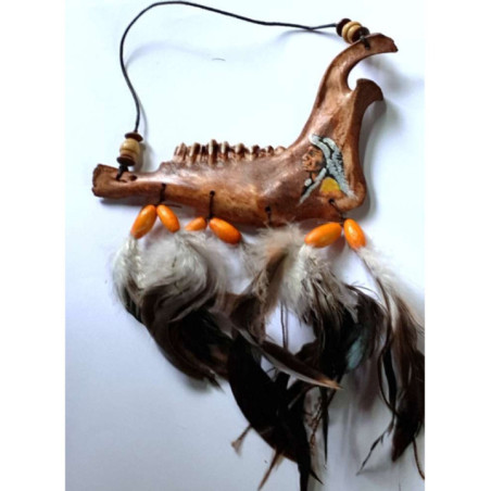 Mandíbula de Indio, Colgante con Plumas Enganche Naranja 18x23cm