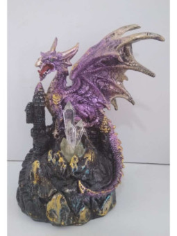 Dragón Lila y Dorado Sobre Castillo con Luz Led, Altura 19cm, anchura 14cm