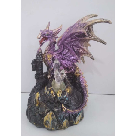 Dragón Lila y Dorado Sobre Castillo con Luz Led, Altura 19cm, anchura 14cm