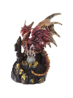 Dragón Rosa y Dorado Sobre Castillo con Luz Led, Altura 19cm, anchura 14cm