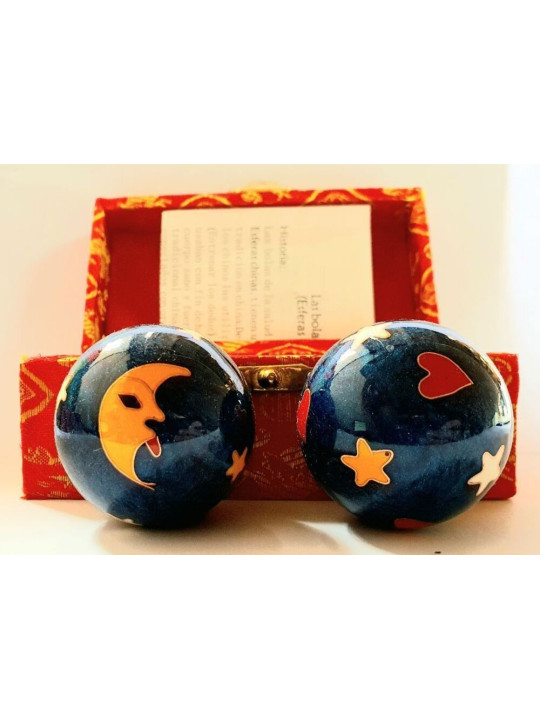 Bola de la Salud Esfera China Azul, con Luna, Estrellas, Corazones