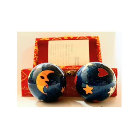 Bola de la Salud Esfera China Azul, con Luna, Estrellas, Corazones