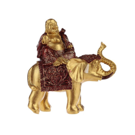Figura Buda de la Suerte Sentado en Elefante, Túnica Roja. 8 cm de alto x 8 cm de ancho
