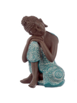 Figura Buda Tailandés Marrón y Turquesa, Cabeza reposa a su derecha. 18,5cm de alto