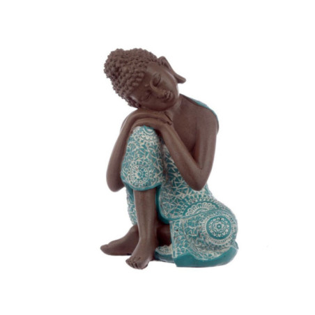 Figura Buda Tailandés Marrón y Turquesa, Cabeza reposa a su derecha. 18,5cm de alto