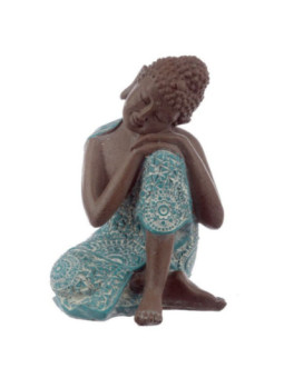 Figura Buda Tailandés Marrón y Turquesa, Cabeza reposa a su Izquierda. 18,5cm de alto