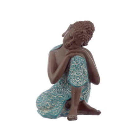 Figura Buda Tailandés Marrón y Turquesa, Cabeza reposa a su Izquierda. 18,5cm de alto