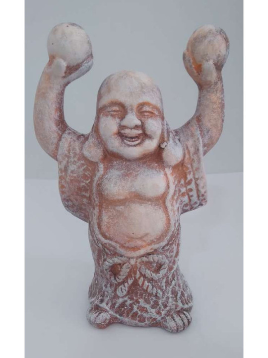 Buda Feliz de Cerámica 13 x 8 cm, Túnica Color Piedra