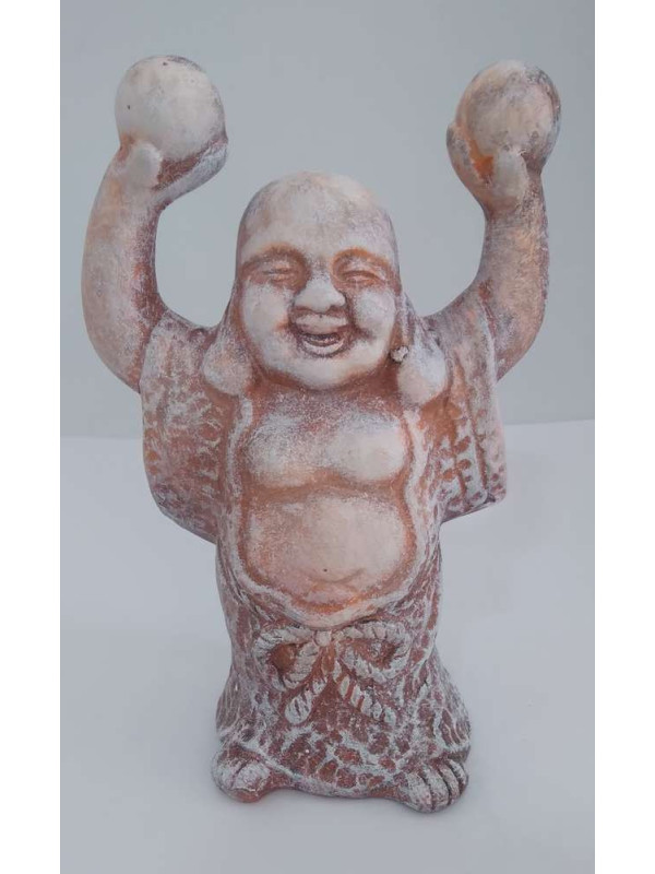 Buda Feliz de Cerámica 13 x 8 cm, Túnica Color Piedra
