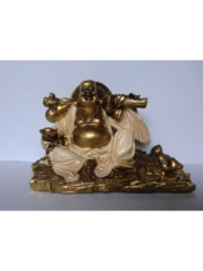 Buda en Resina barco riqueza con Túnica Blanca, 13.5 x 8Cm