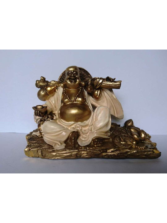 Buda en Resina barco riqueza con Túnica Blanca, 13.5 x 8Cm