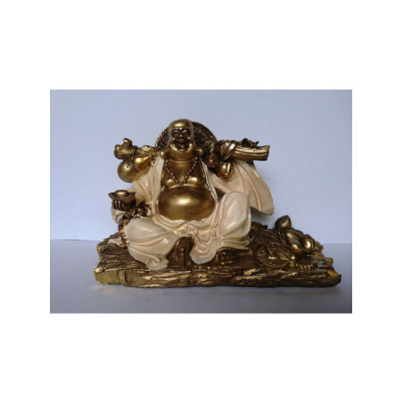 Buda en Resina barco riqueza con Túnica Blanca, 13.5 x 8Cm