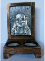 Portavelas de Madera, Buda de Resina 10x16cm