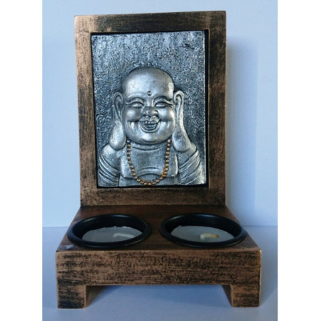 Portavelas de Madera, Buda de Resina 10x16cm