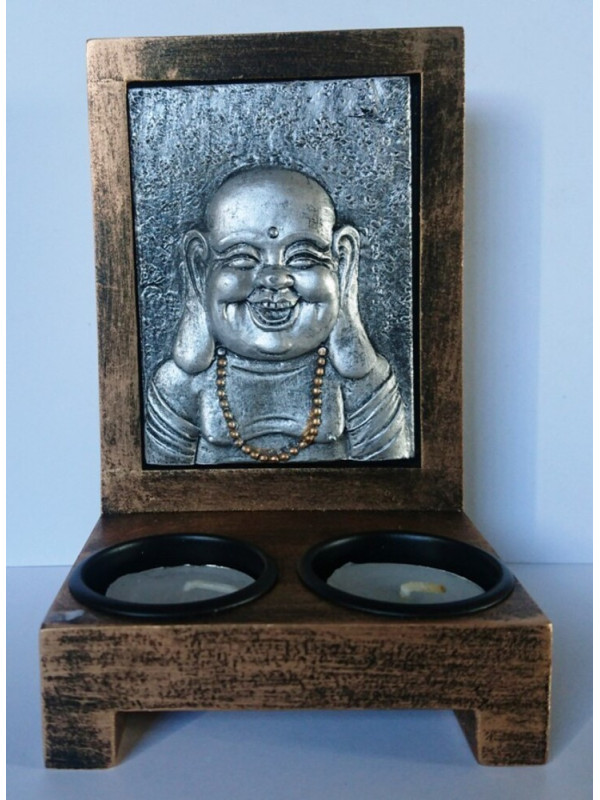 Portavelas de Madera, Buda de Resina 10x16cm