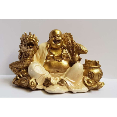 Figura Resina Buda con túnica blanca con Dragón
