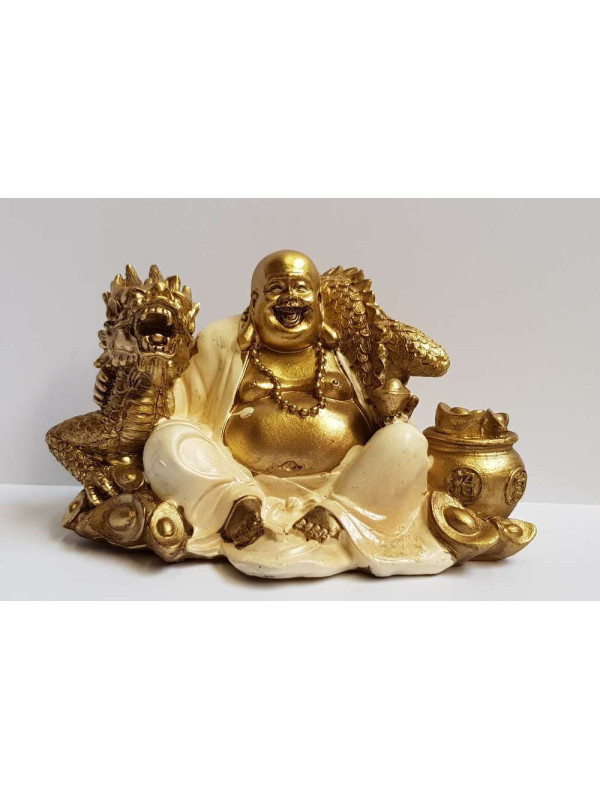 Figura Resina Buda con túnica blanca con Dragón