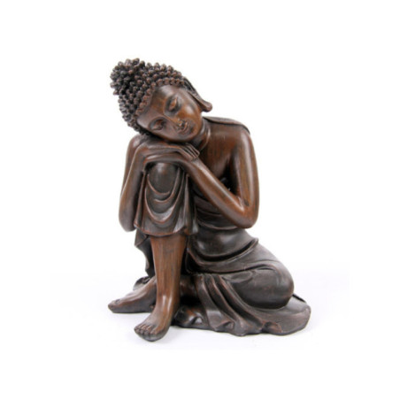 Buda Apoyado en Rodilla, efecto Madera. 14 cm alto x 12 cm ancho