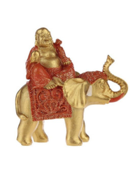 Figura Buda de la Suerte Sentado en Elefante, Túnica Naranja. 8 cm de alto x 8 cm de ancho