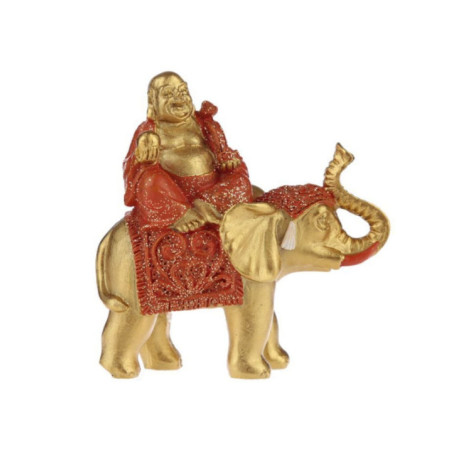 Figura Buda de la Suerte Sentado en Elefante, Túnica Naranja. 8 cm de alto x 8 cm de ancho