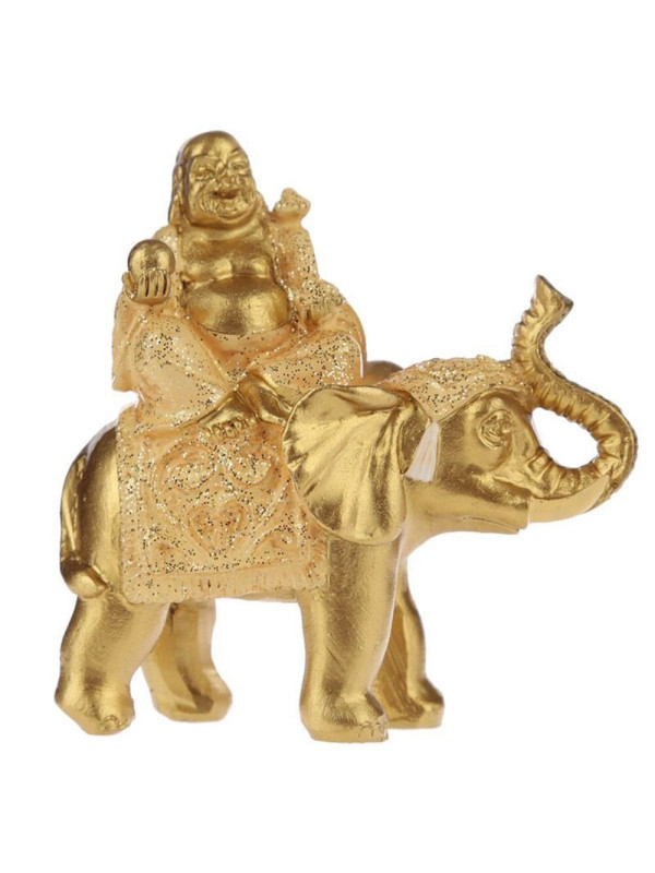 Figura Buda de la Suerte Sentado en Elefante, Túnica amarilla. 8 cm de alto x 8 cm de ancho