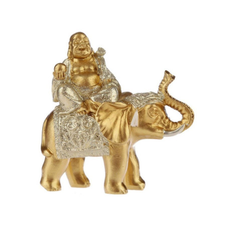 Figura Buda de la Suerte Sentado en Elefante, Túnica Gris. 8 cm de alto x 8 cm de ancho