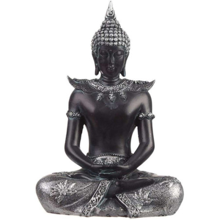 Buda Thai sentado Negro y Plata, 19,5 cm x 13,5 cm
