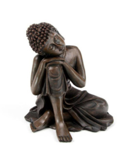 Figura de Buda Thai,  Cabeza Sobre Rodilla Efecto Madera, 12cm  x 11cm