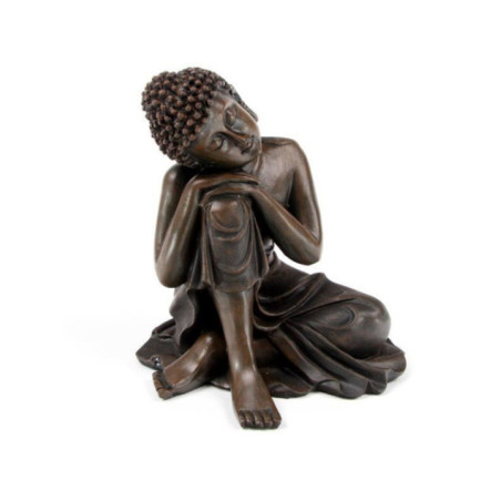 Figura de Buda Thai,  Cabeza Sobre Rodilla Efecto Madera, 12cm  x 11cm