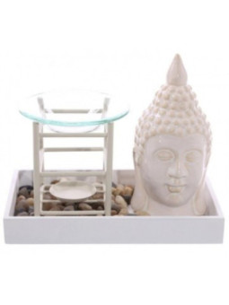 Quemador de Aceite en Bandeja, con Buda Blanco y Piedras