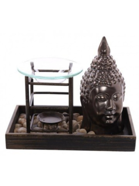 Quemador de Aceite en Bandeja, con Buda color Bronce y Piedras