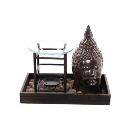 Quemador de Aceite en Bandeja, con Buda color Bronce y Piedras