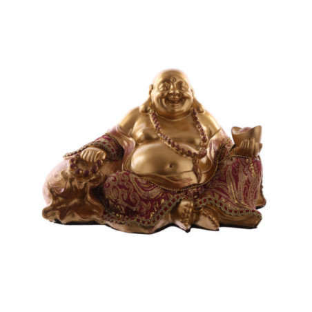 Buda Sentado con Saco de Dinero. Rojo y Dorado. 12cm alto x  20,5 de ancho